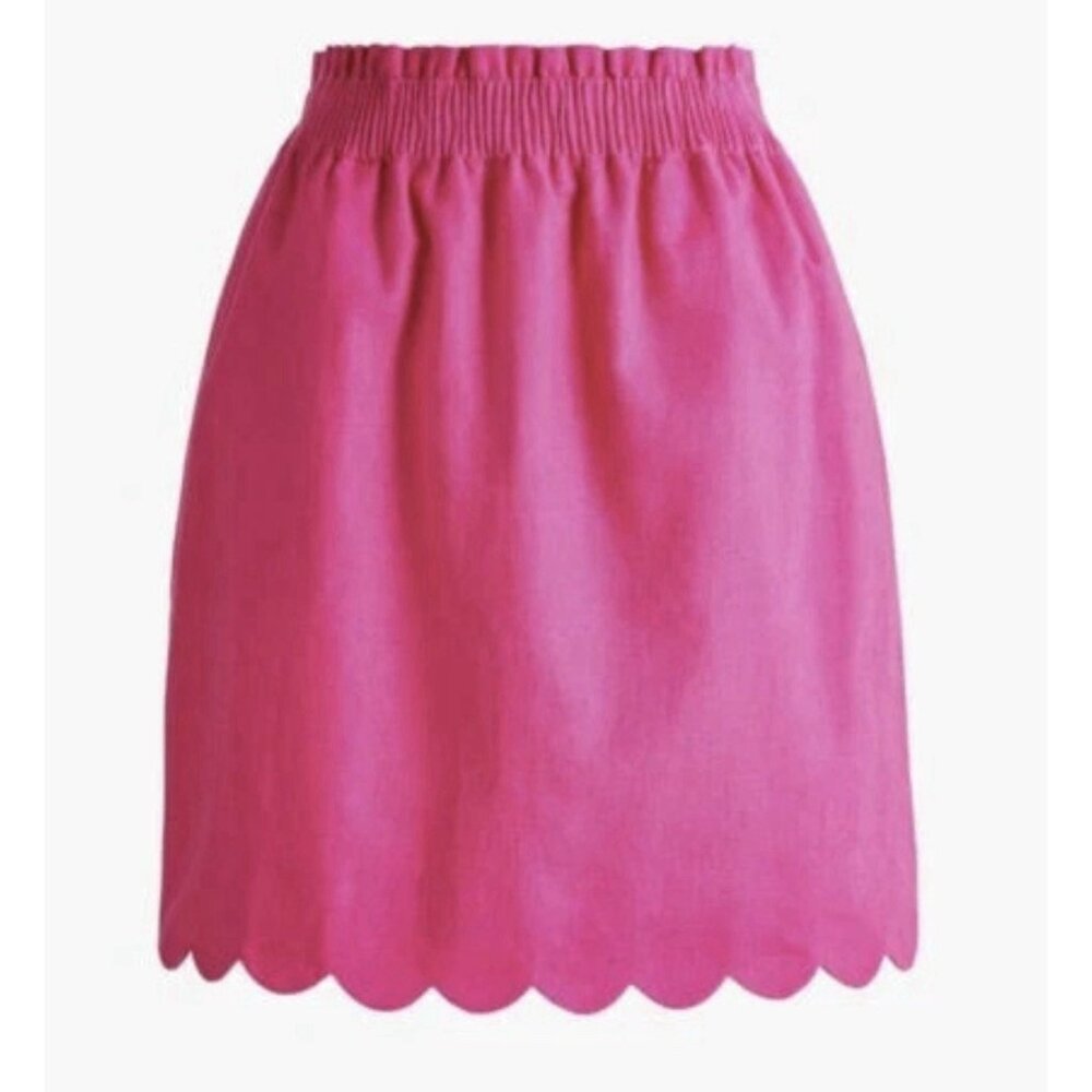 J. Crew Women’s Linen Mini Skirt Hot Pink Size 16 Scalloped Hem Elastic Waist - Picture 3 of 9